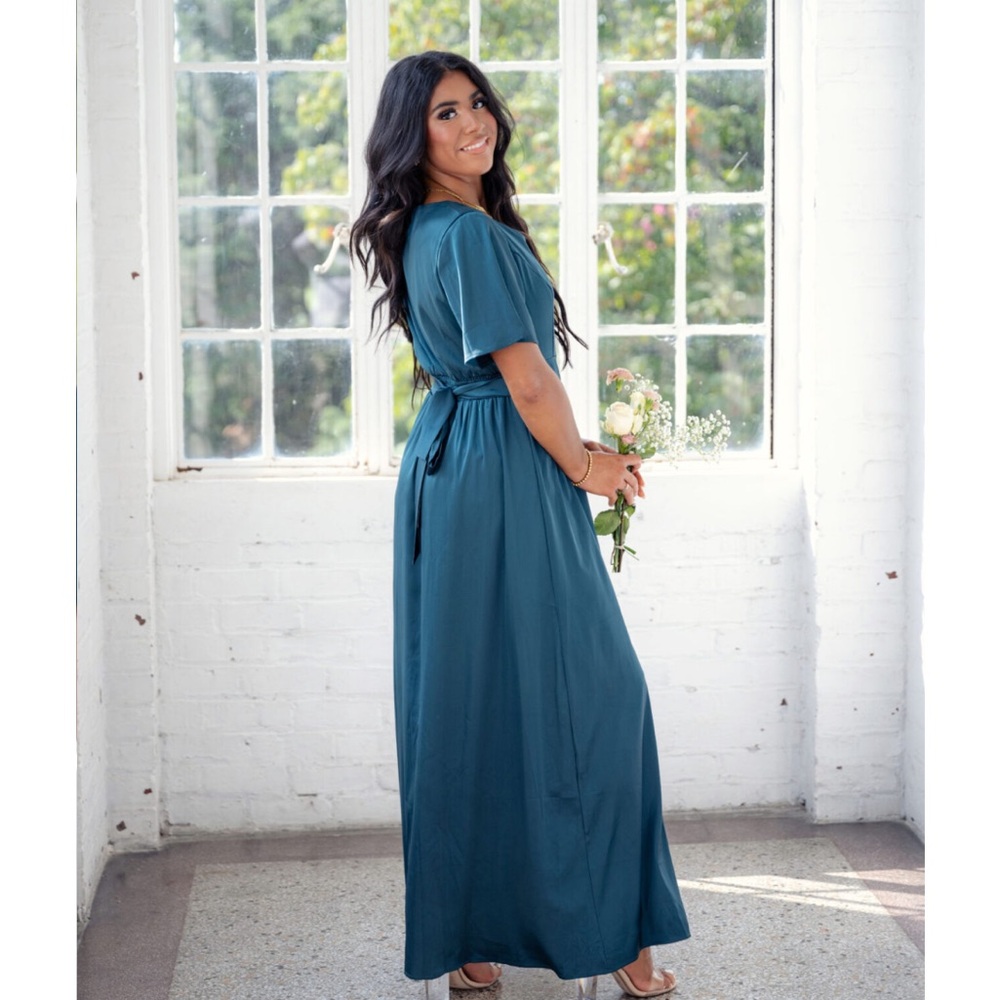 Satin Tie Waist Maxi Dress with Side Slit | Deep Teal